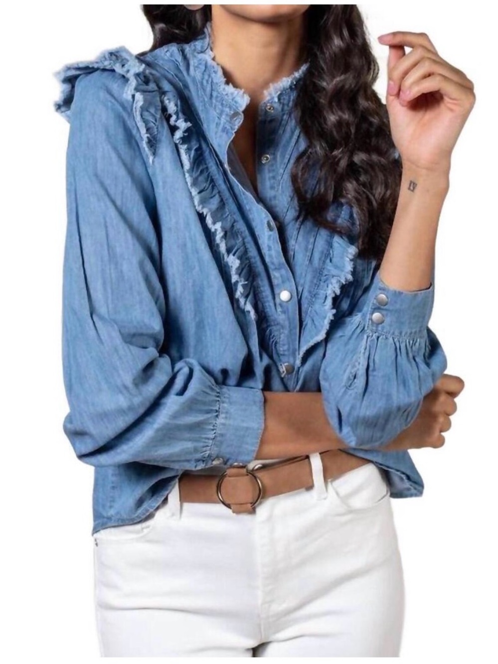 Karlie Blue denim Ruffled Blouse shirt snap button rodeo chic chambray cotton